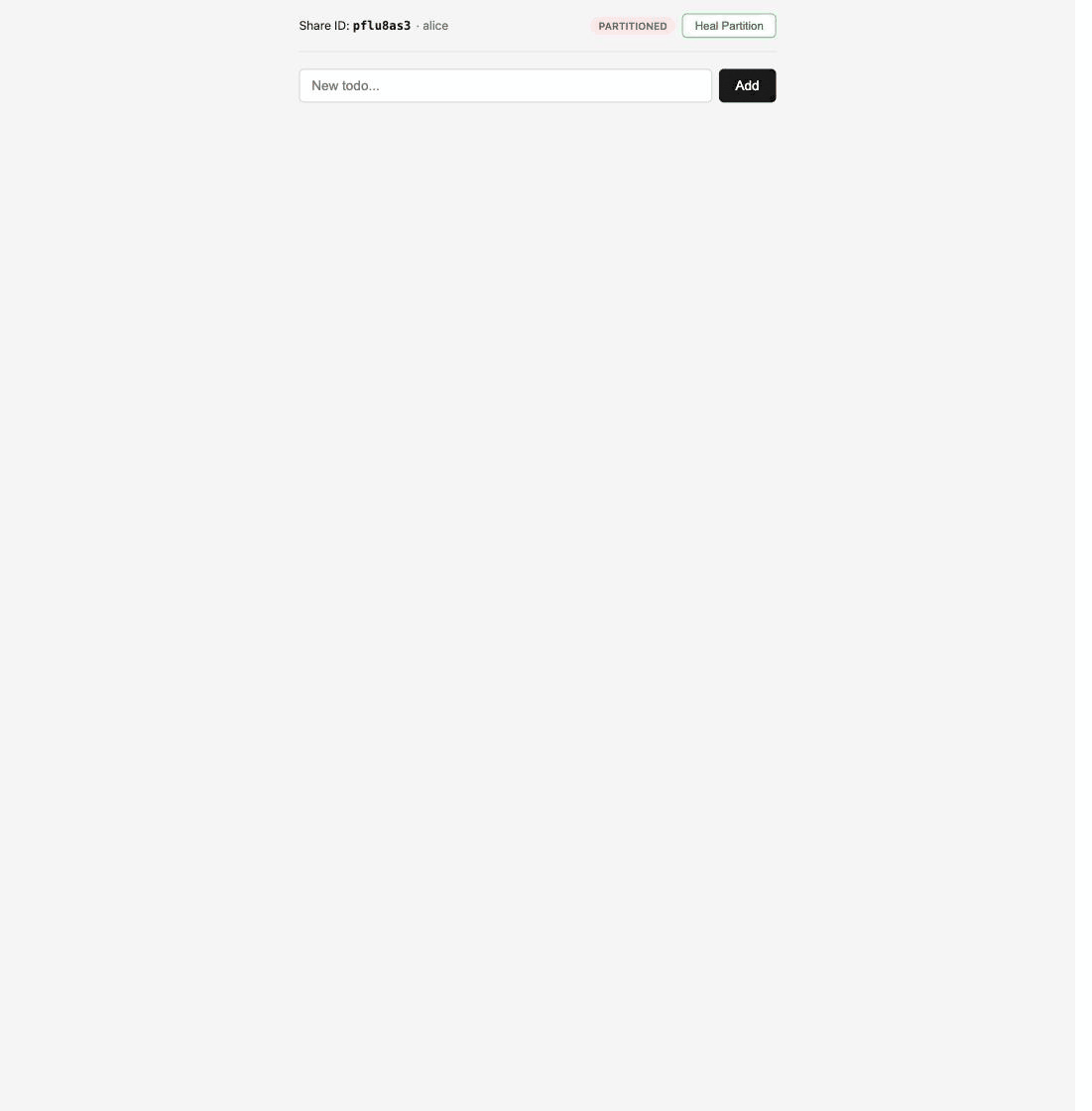 Screen recording of two browser tabs sharing a todo list: one tab is put into a simulated network partition, both tabs add different todos while disconnected, then the partition is healed and both tabs converge to the same merged list